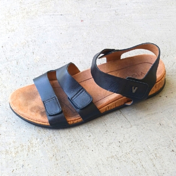 VIONIC Black Leather Sandals with Cork Sole - Picture 1 of 5